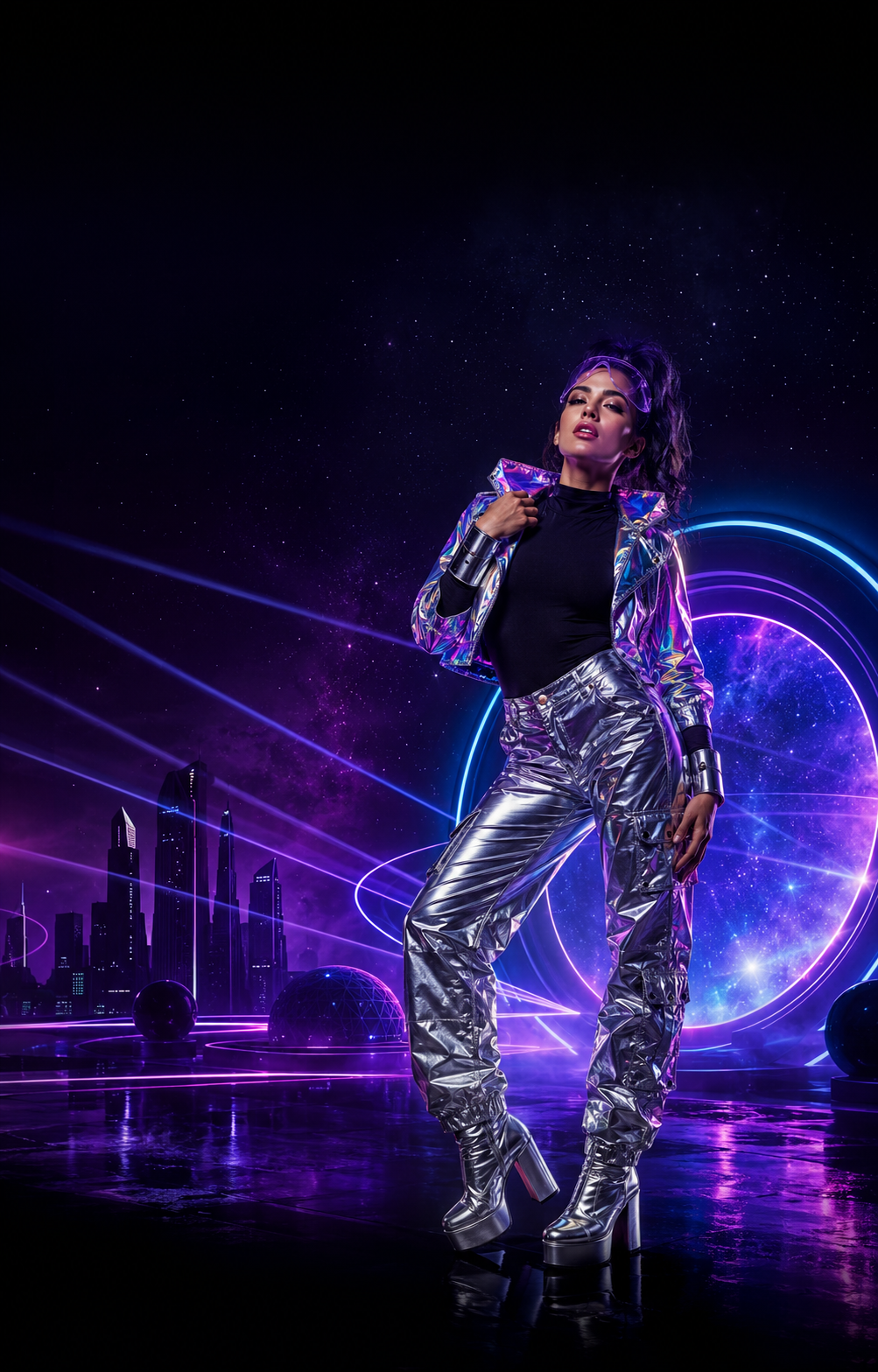 Futuristic house-music fashion in a luminous space-city setting